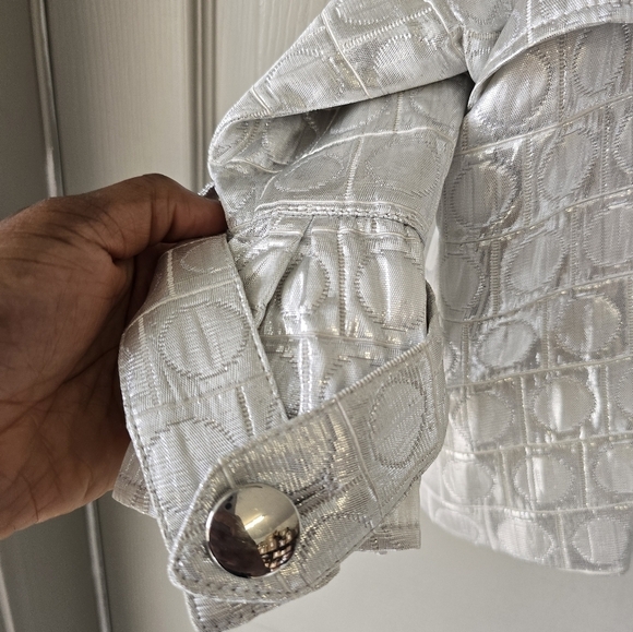 Cache Silver Jacket Women Sz M Shimmery Huge 3buttons Belted Sleveless Y2k Crop - Picture 6 of 16